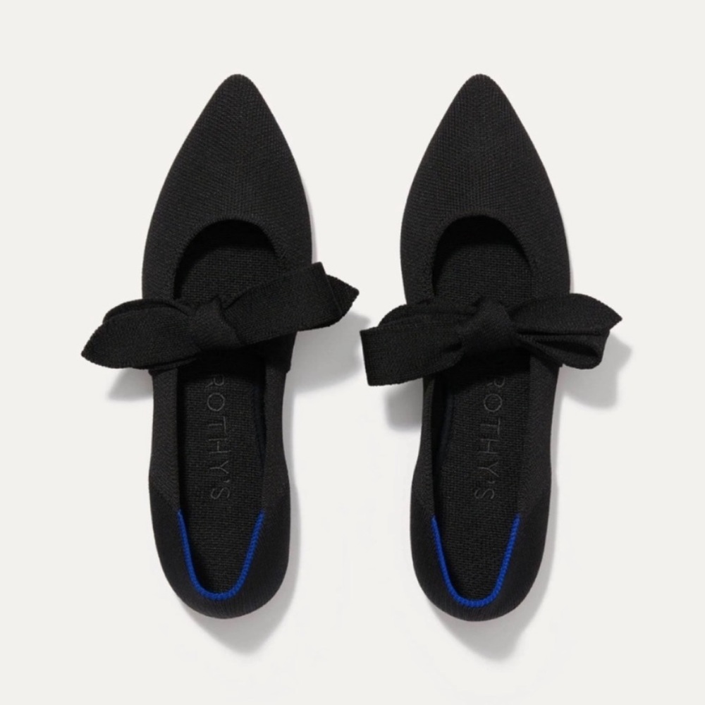 New Rothy’s Mary Jane Point Bow Flats Solid Black Knit Shoes